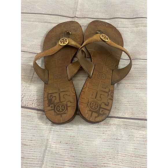 Tory Burch Thora Monogrammed Brown Leather Sandals - 9 - Picture 3 of 11